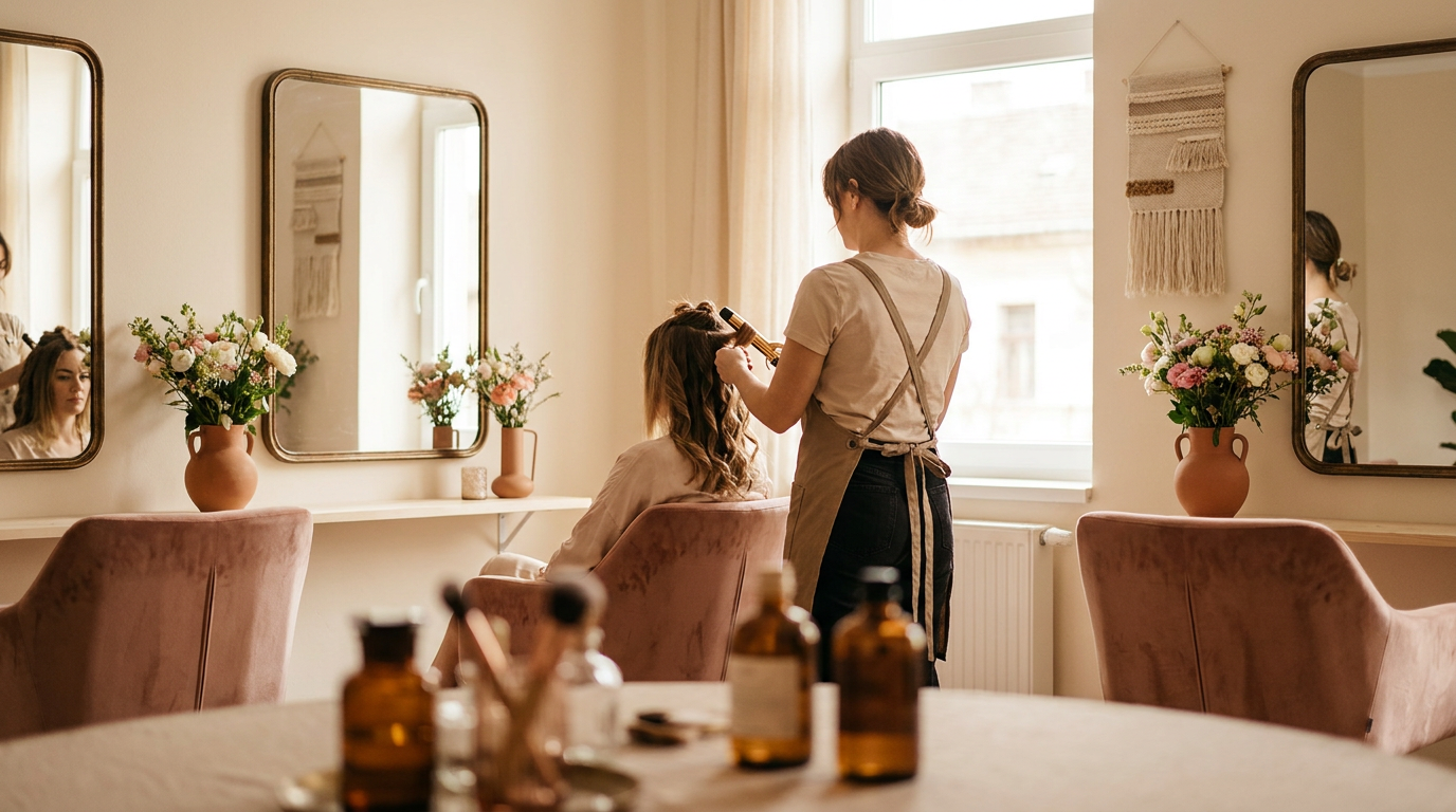 Salon Andreea Enachescu Studio – interior elegant cu oglindă și scaun de coafat